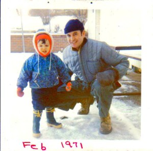 John D. and Dad in snow with boots 1971