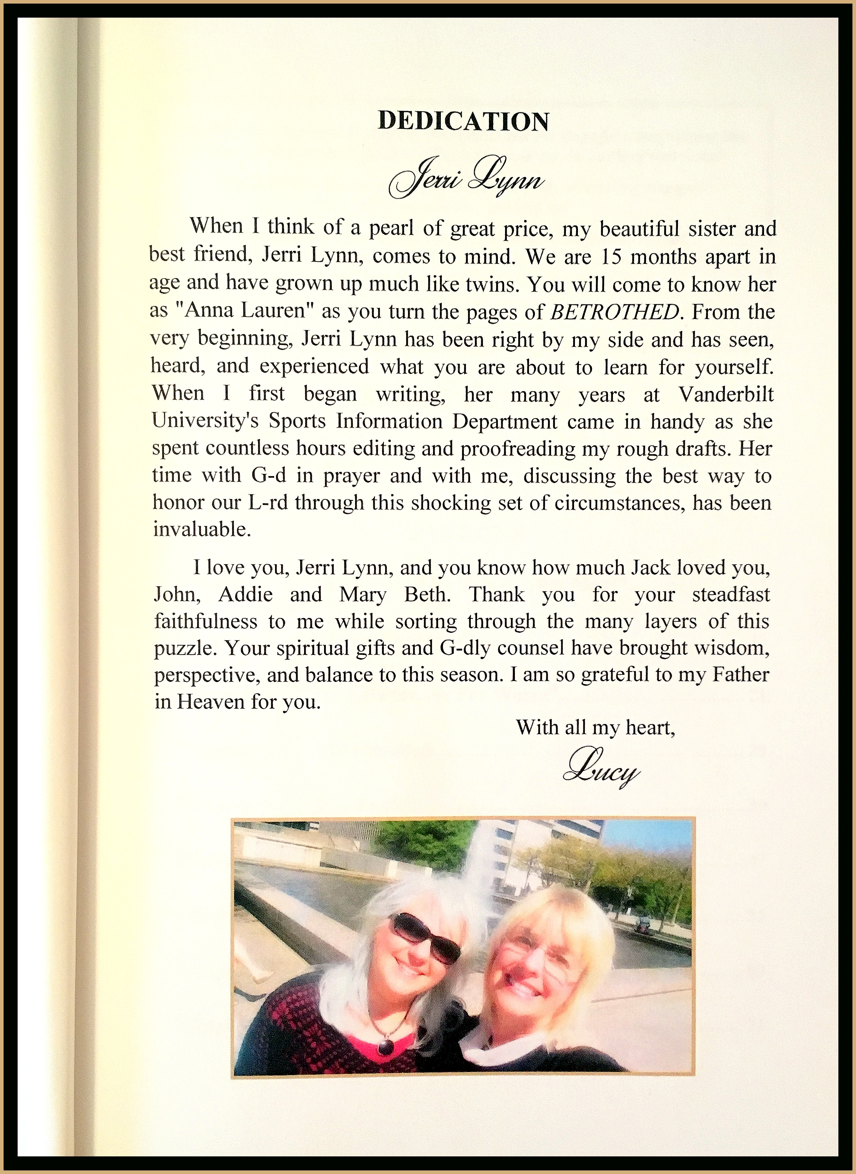 BETROTHED Dedication to Jerri Lynn framed in Gold for blog